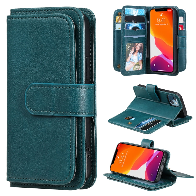 For iPhone 13 mini Multifunctional Magnetic Copper Buckle Horizontal Flip Solid Color Leather Case with 10 Card Slots & Wallet & Holder & Photo Frame