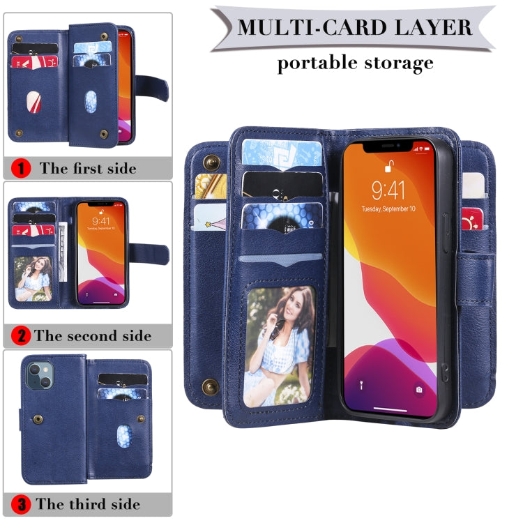 For iPhone 13 mini Multifunctional Magnetic Copper Buckle Horizontal Flip Solid Color Leather Case with 10 Card Slots & Wallet & Holder & Photo Frame