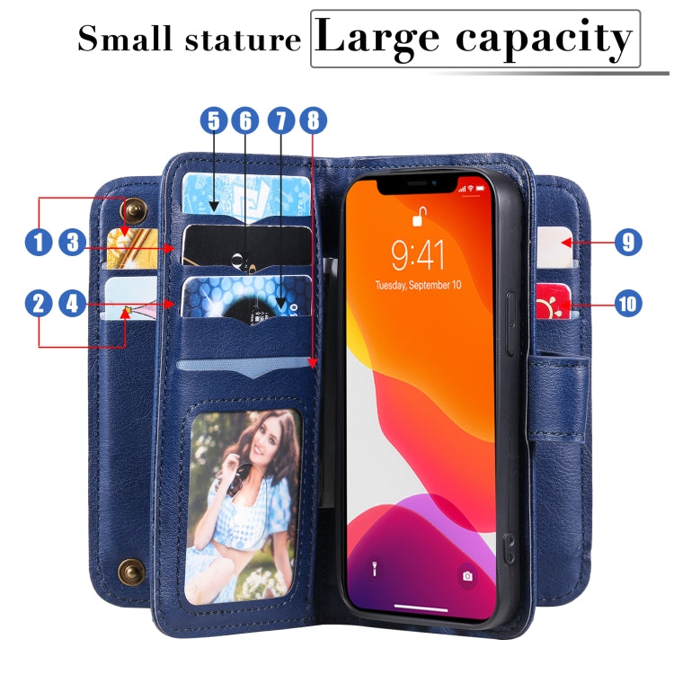 For iPhone 13 mini Multifunctional Magnetic Copper Buckle Horizontal Flip Solid Color Leather Case with 10 Card Slots & Wallet & Holder & Photo Frame