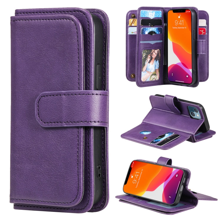 For iPhone 13 mini Multifunctional Magnetic Copper Buckle Horizontal Flip Solid Color Leather Case with 10 Card Slots & Wallet & Holder & Photo Frame
