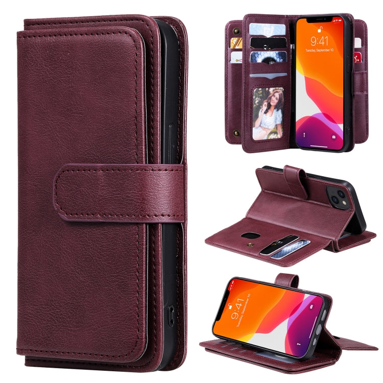 For iPhone 13 Multifunctional Magnetic Copper Buckle Horizontal Flip Solid Color Leather Case with 10 Card Slots & Wallet & Holder & Photo Frame