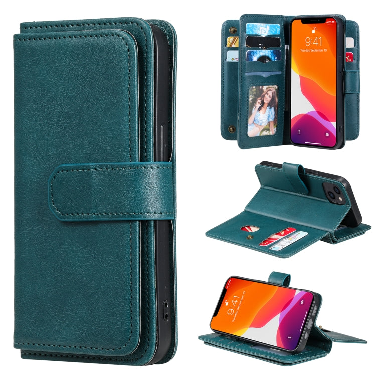 For iPhone 13 Multifunctional Magnetic Copper Buckle Horizontal Flip Solid Color Leather Case with 10 Card Slots & Wallet & Holder & Photo Frame
