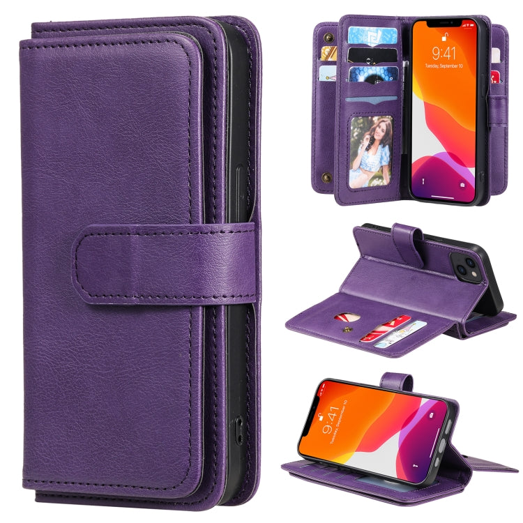 For iPhone 13 Multifunctional Magnetic Copper Buckle Horizontal Flip Solid Color Leather Case with 10 Card Slots & Wallet & Holder & Photo Frame