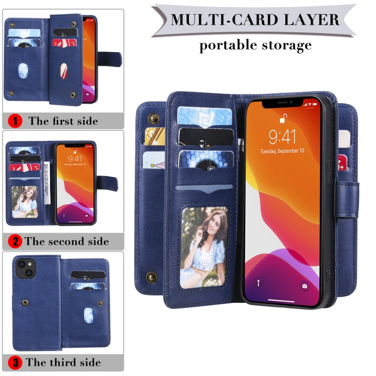 For iPhone 13 Multifunctional Magnetic Copper Buckle Horizontal Flip Solid Color Leather Case with 10 Card Slots & Wallet & Holder & Photo Frame