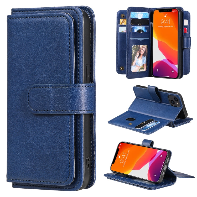 For iPhone 13 Multifunctional Magnetic Copper Buckle Horizontal Flip Solid Color Leather Case with 10 Card Slots & Wallet & Holder & Photo Frame