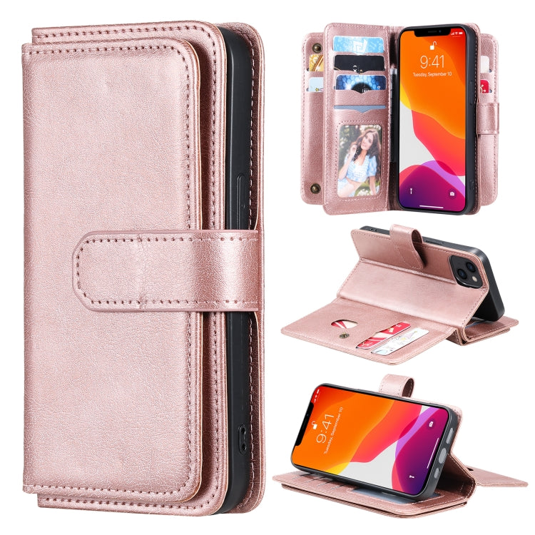 For iPhone 13 Multifunctional Magnetic Copper Buckle Horizontal Flip Solid Color Leather Case with 10 Card Slots & Wallet & Holder & Photo Frame