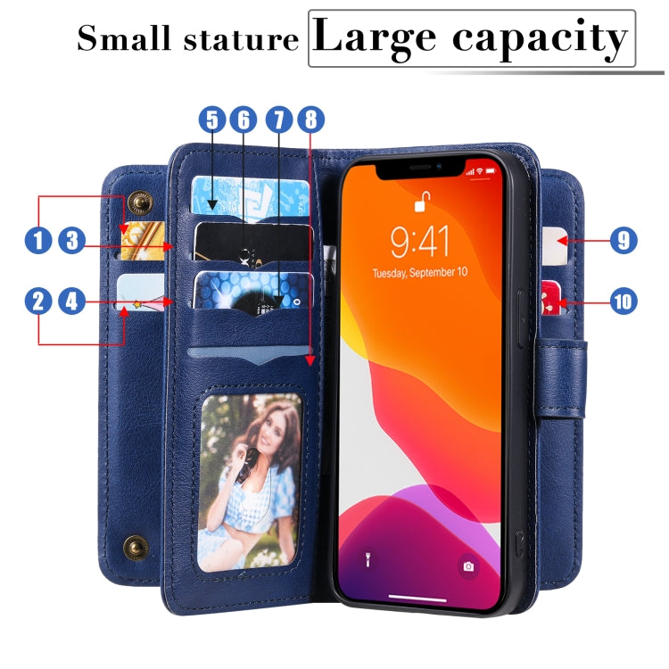 For iPhone 13 Multifunctional Magnetic Copper Buckle Horizontal Flip Solid Color Leather Case with 10 Card Slots & Wallet & Holder & Photo Frame