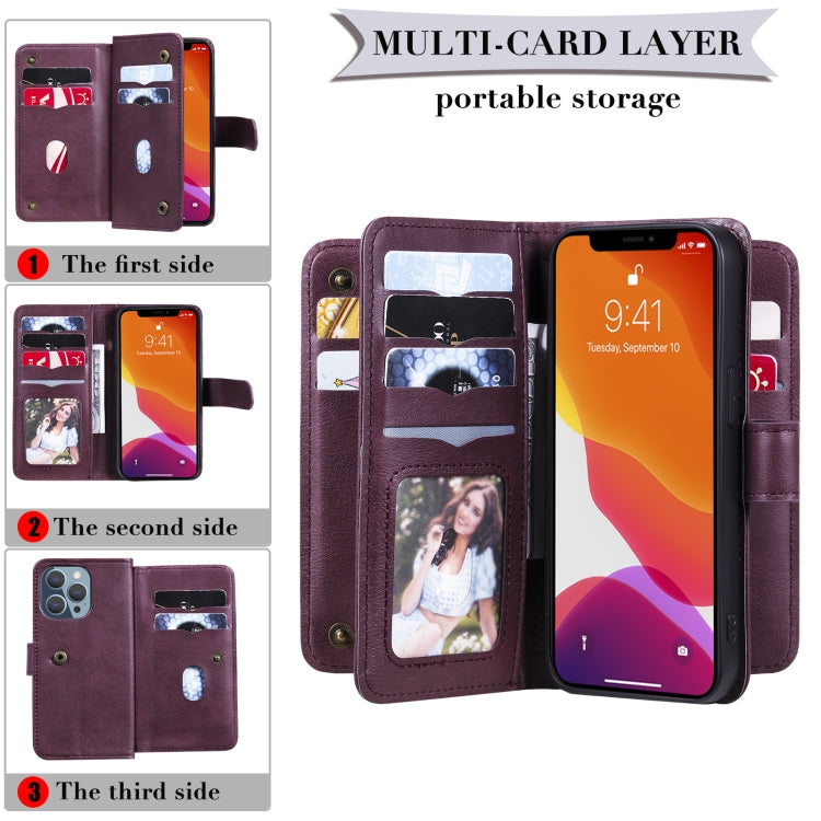 For iPhone 13 Pro Multifunctional Magnetic Copper Buckle Horizontal Flip Solid Color Leather Case with 10 Card Slots & Wallet & Holder & Photo Frame