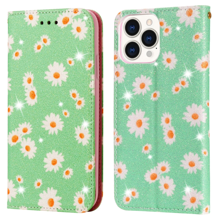 For iPhone 13 Pro Max Glittering Daisy Magnetic Horizontal Flip Leather Case with Holder & Card Slots & Photo Frame