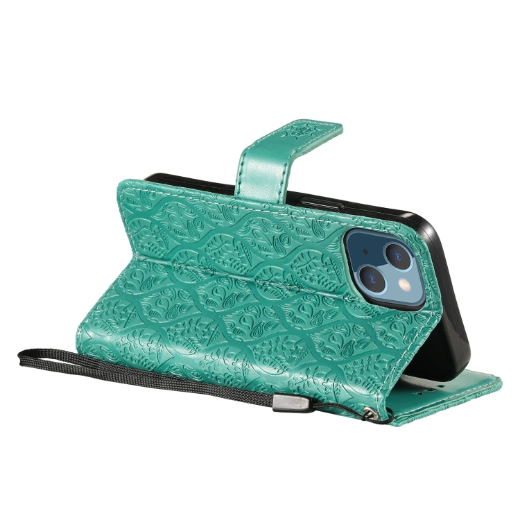 For iPhone 13 mini Pressed Printing Rattan Flower Pattern Horizontal Flip PU Leather Case with Holder & Card Slots & Wallet & Photo Frame