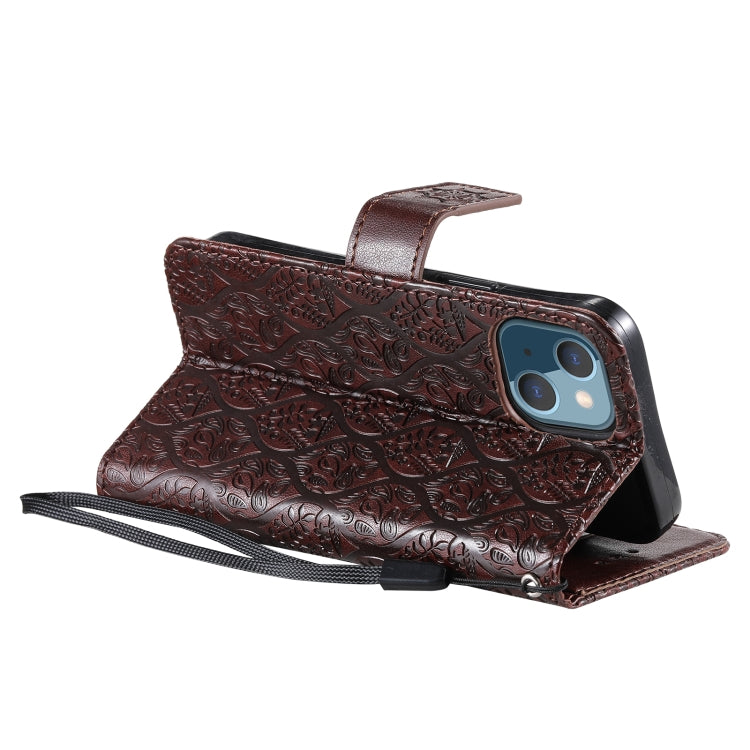 For iPhone 13 mini Pressed Printing Rattan Flower Pattern Horizontal Flip PU Leather Case with Holder & Card Slots & Wallet & Photo Frame