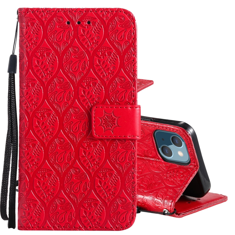 For iPhone 13 mini Pressed Printing Rattan Flower Pattern Horizontal Flip PU Leather Case with Holder & Card Slots & Wallet & Photo Frame