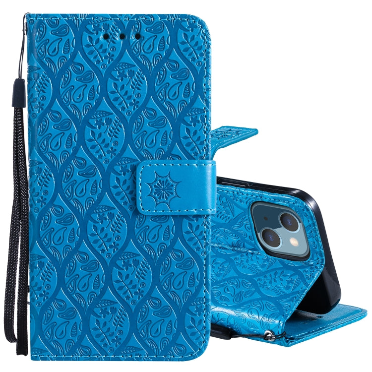 For iPhone 13 Pressed Printing Rattan Flower Pattern Horizontal Flip PU Leather Case with Holder & Card Slots & Wallet & Photo Frame