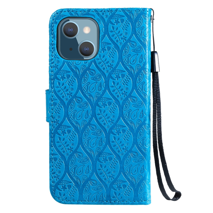 For iPhone 13 Pressed Printing Rattan Flower Pattern Horizontal Flip PU Leather Case with Holder & Card Slots & Wallet & Photo Frame