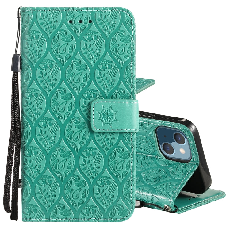 For iPhone 13 Pressed Printing Rattan Flower Pattern Horizontal Flip PU Leather Case with Holder & Card Slots & Wallet & Photo Frame