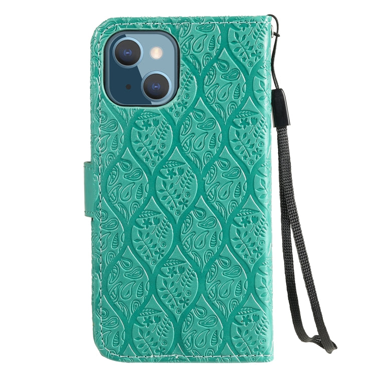 For iPhone 13 Pressed Printing Rattan Flower Pattern Horizontal Flip PU Leather Case with Holder & Card Slots & Wallet & Photo Frame