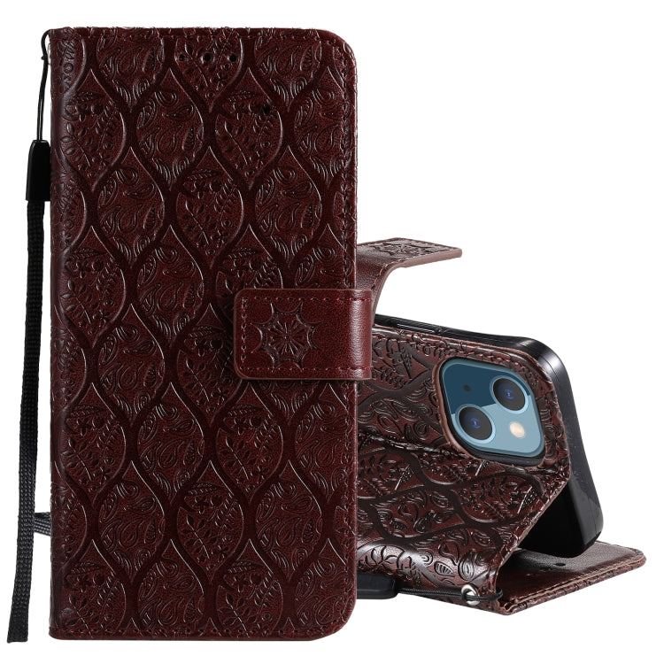 For iPhone 13 Pressed Printing Rattan Flower Pattern Horizontal Flip PU Leather Case with Holder & Card Slots & Wallet & Photo Frame