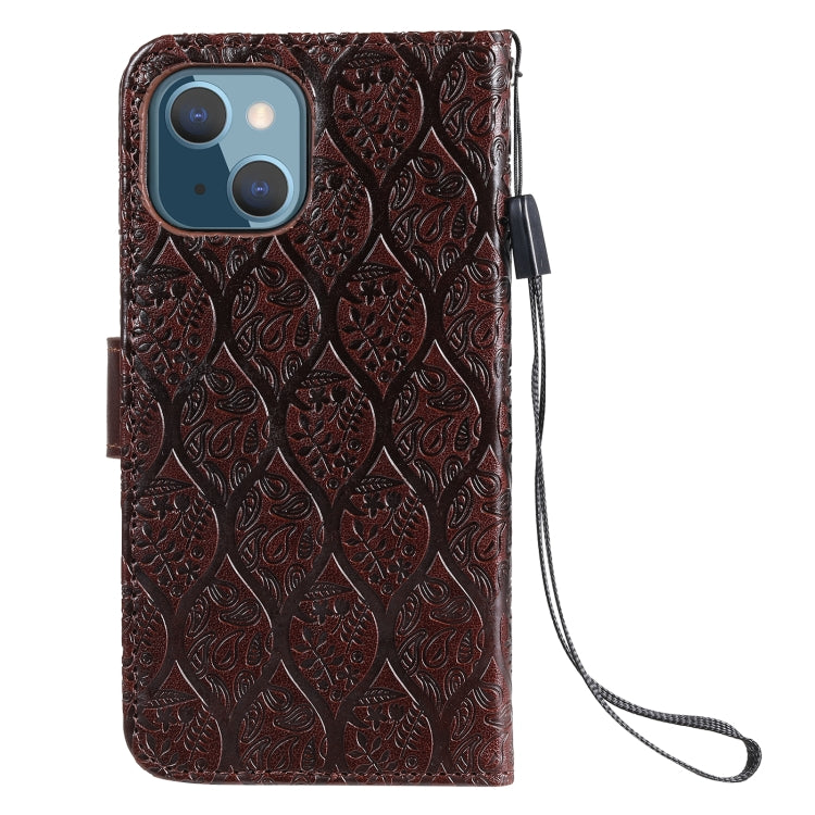 For iPhone 13 Pressed Printing Rattan Flower Pattern Horizontal Flip PU Leather Case with Holder & Card Slots & Wallet & Photo Frame
