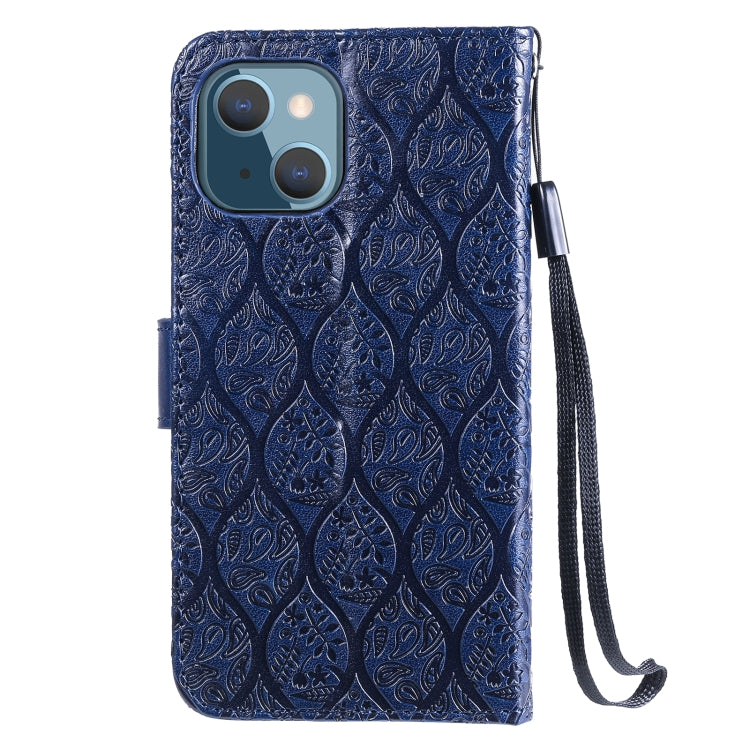 For iPhone 13 Pressed Printing Rattan Flower Pattern Horizontal Flip PU Leather Case with Holder & Card Slots & Wallet & Photo Frame