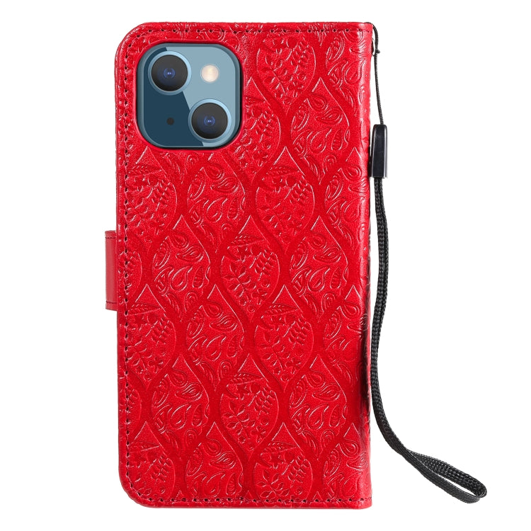 For iPhone 13 Pressed Printing Rattan Flower Pattern Horizontal Flip PU Leather Case with Holder & Card Slots & Wallet & Photo Frame
