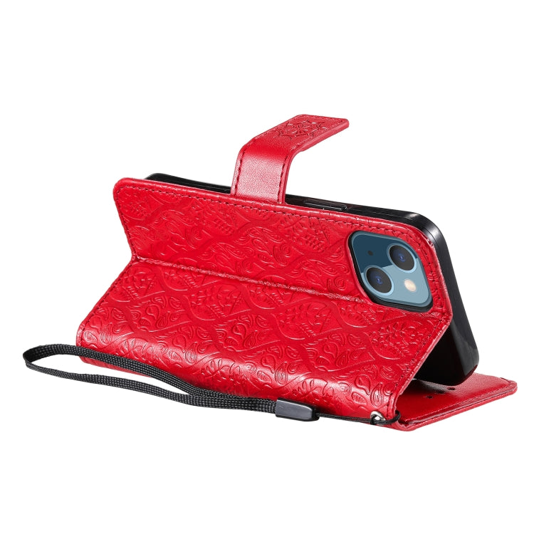 For iPhone 13 Pressed Printing Rattan Flower Pattern Horizontal Flip PU Leather Case with Holder & Card Slots & Wallet & Photo Frame