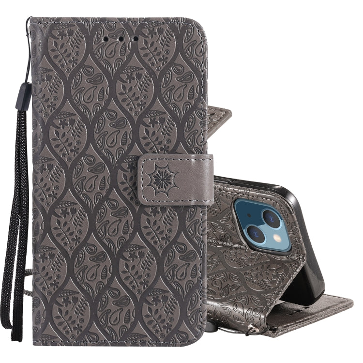 For iPhone 13 Pressed Printing Rattan Flower Pattern Horizontal Flip PU Leather Case with Holder & Card Slots & Wallet & Photo Frame