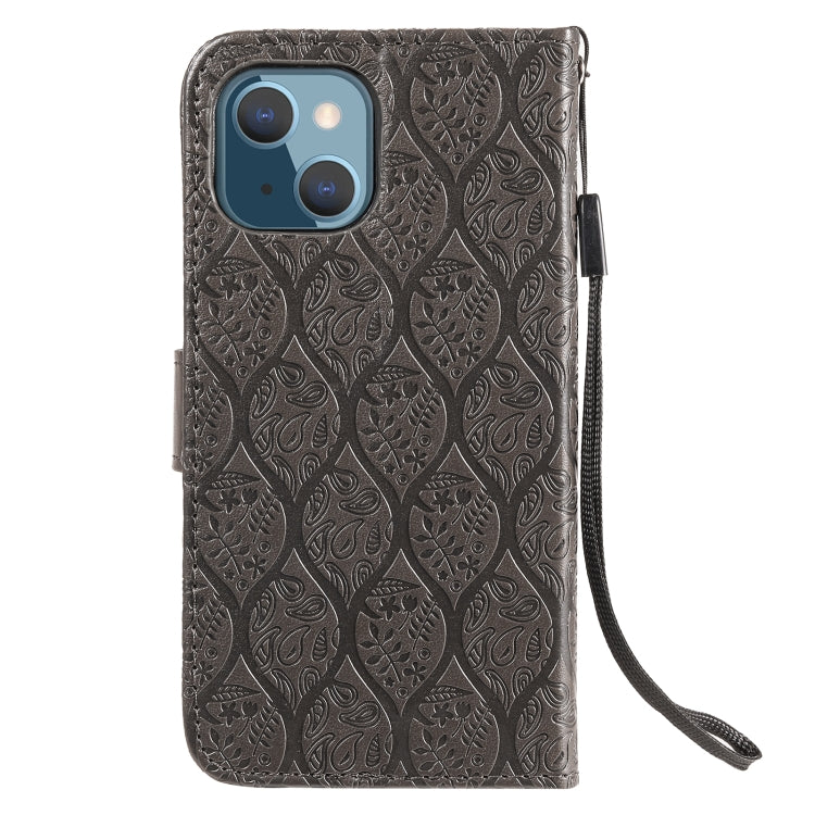 For iPhone 13 Pressed Printing Rattan Flower Pattern Horizontal Flip PU Leather Case with Holder & Card Slots & Wallet & Photo Frame
