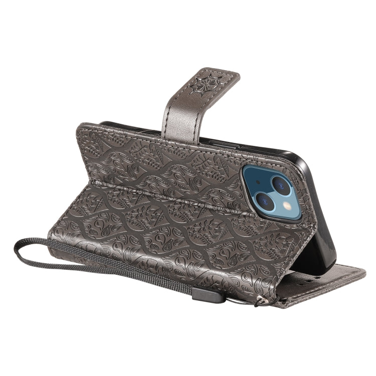 For iPhone 13 Pressed Printing Rattan Flower Pattern Horizontal Flip PU Leather Case with Holder & Card Slots & Wallet & Photo Frame