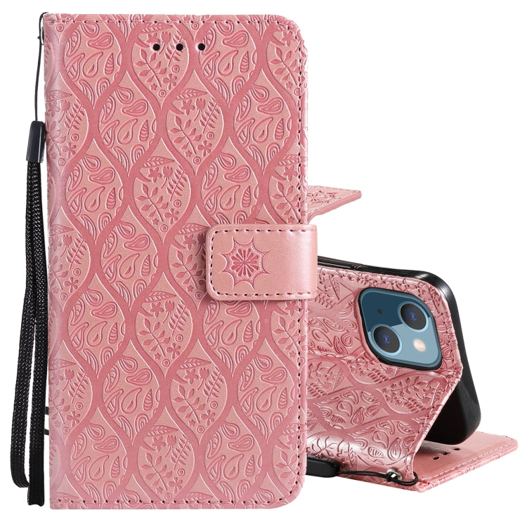 For iPhone 13 Pressed Printing Rattan Flower Pattern Horizontal Flip PU Leather Case with Holder & Card Slots & Wallet & Photo Frame