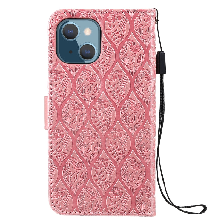 For iPhone 13 Pressed Printing Rattan Flower Pattern Horizontal Flip PU Leather Case with Holder & Card Slots & Wallet & Photo Frame