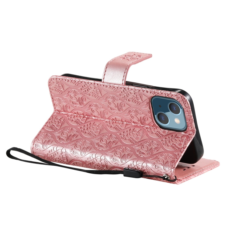 For iPhone 13 Pressed Printing Rattan Flower Pattern Horizontal Flip PU Leather Case with Holder & Card Slots & Wallet & Photo Frame