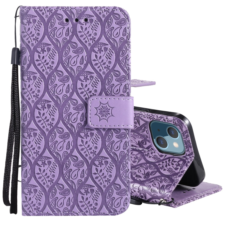 For iPhone 13 Pressed Printing Rattan Flower Pattern Horizontal Flip PU Leather Case with Holder & Card Slots & Wallet & Photo Frame