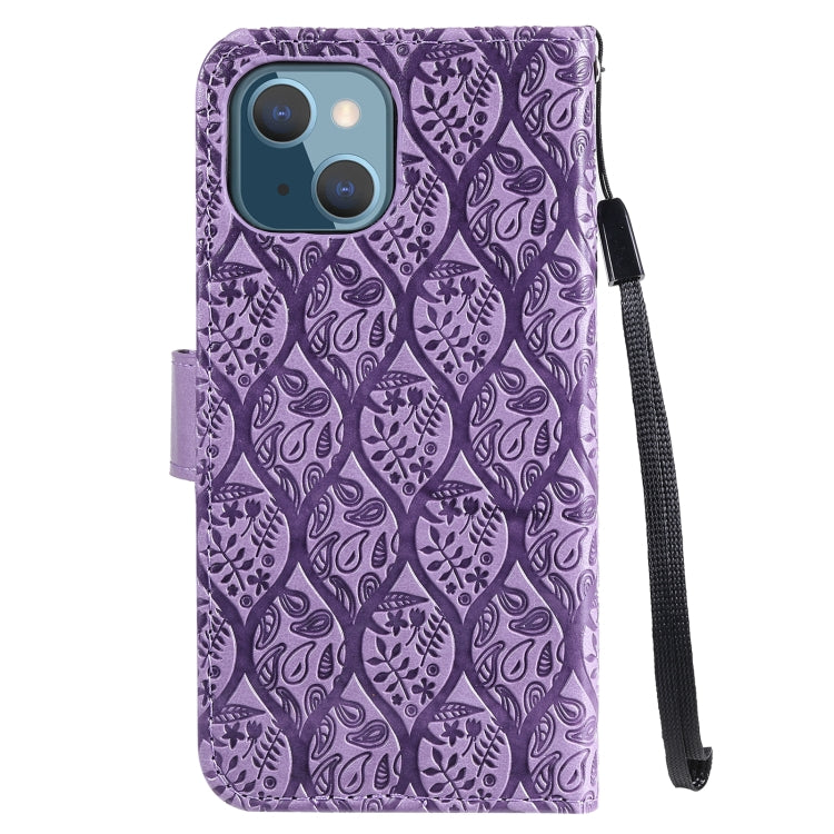 For iPhone 13 Pressed Printing Rattan Flower Pattern Horizontal Flip PU Leather Case with Holder & Card Slots & Wallet & Photo Frame