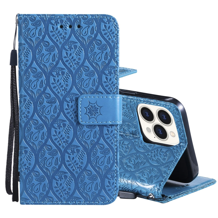 For iPhone 13 Pro Pressed Printing Rattan Flower Pattern Horizontal Flip PU Leather Case with Holder & Card Slots & Wallet & Photo Frame