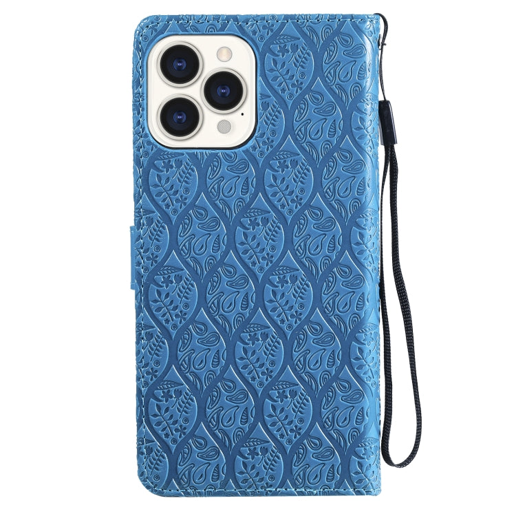 For iPhone 13 Pro Pressed Printing Rattan Flower Pattern Horizontal Flip PU Leather Case with Holder & Card Slots & Wallet & Photo Frame