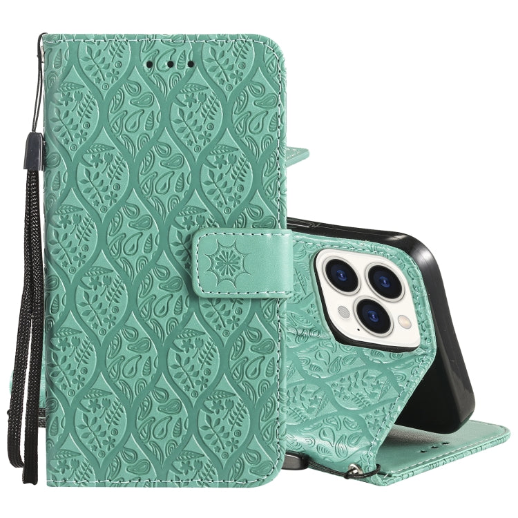 For iPhone 13 Pro Pressed Printing Rattan Flower Pattern Horizontal Flip PU Leather Case with Holder & Card Slots & Wallet & Photo Frame