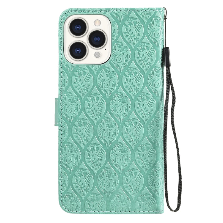 For iPhone 13 Pro Pressed Printing Rattan Flower Pattern Horizontal Flip PU Leather Case with Holder & Card Slots & Wallet & Photo Frame