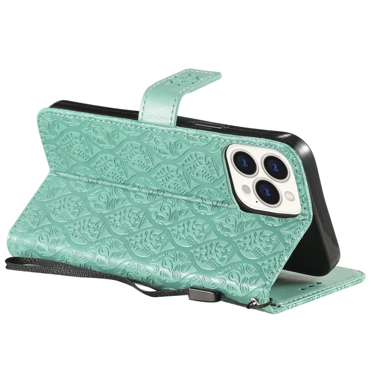 For iPhone 13 Pro Pressed Printing Rattan Flower Pattern Horizontal Flip PU Leather Case with Holder & Card Slots & Wallet & Photo Frame