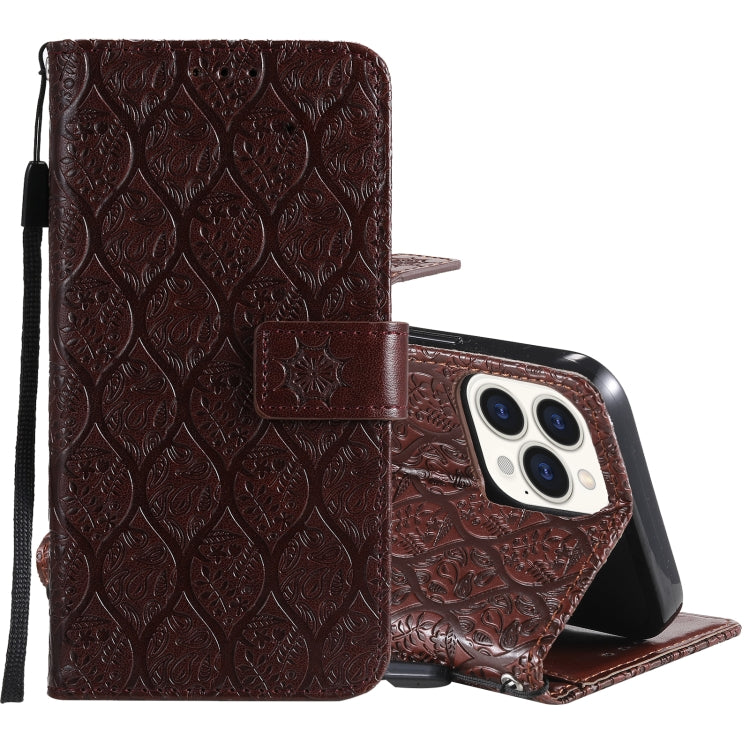 For iPhone 13 Pro Pressed Printing Rattan Flower Pattern Horizontal Flip PU Leather Case with Holder & Card Slots & Wallet & Photo Frame