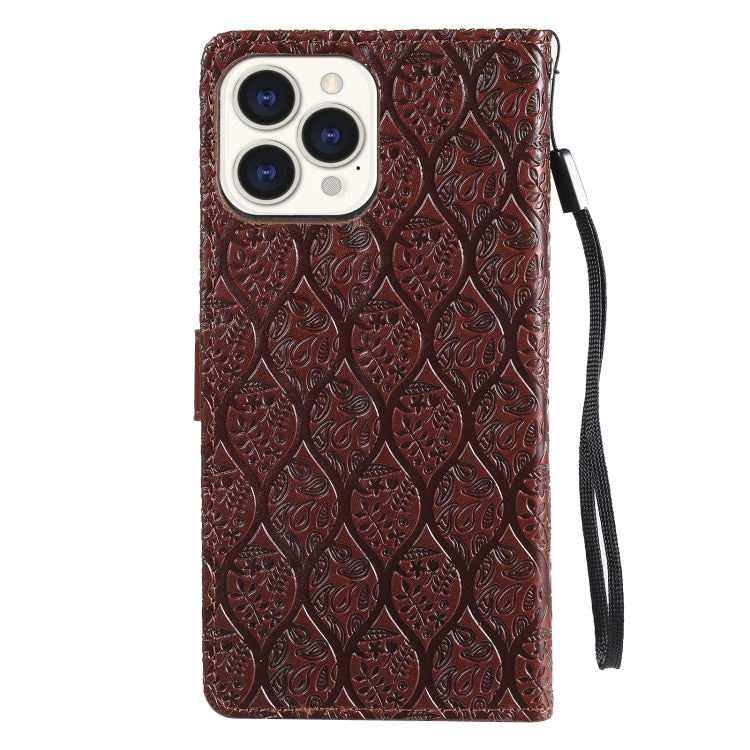For iPhone 13 Pro Pressed Printing Rattan Flower Pattern Horizontal Flip PU Leather Case with Holder & Card Slots & Wallet & Photo Frame
