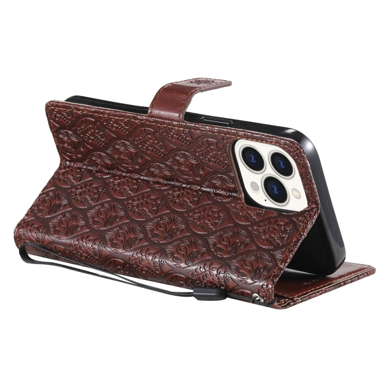 For iPhone 13 Pro Pressed Printing Rattan Flower Pattern Horizontal Flip PU Leather Case with Holder & Card Slots & Wallet & Photo Frame