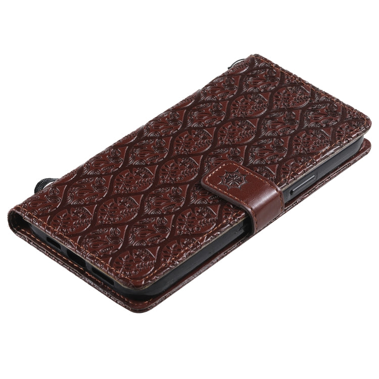 For iPhone 13 Pro Pressed Printing Rattan Flower Pattern Horizontal Flip PU Leather Case with Holder & Card Slots & Wallet & Photo Frame