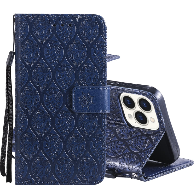 For iPhone 13 Pro Pressed Printing Rattan Flower Pattern Horizontal Flip PU Leather Case with Holder & Card Slots & Wallet & Photo Frame