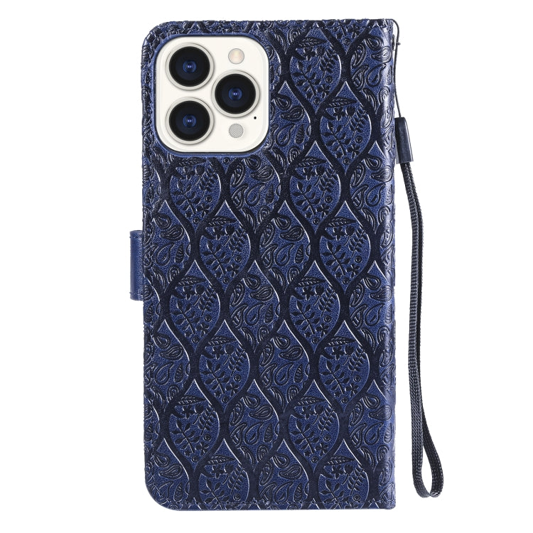 For iPhone 13 Pro Pressed Printing Rattan Flower Pattern Horizontal Flip PU Leather Case with Holder & Card Slots & Wallet & Photo Frame