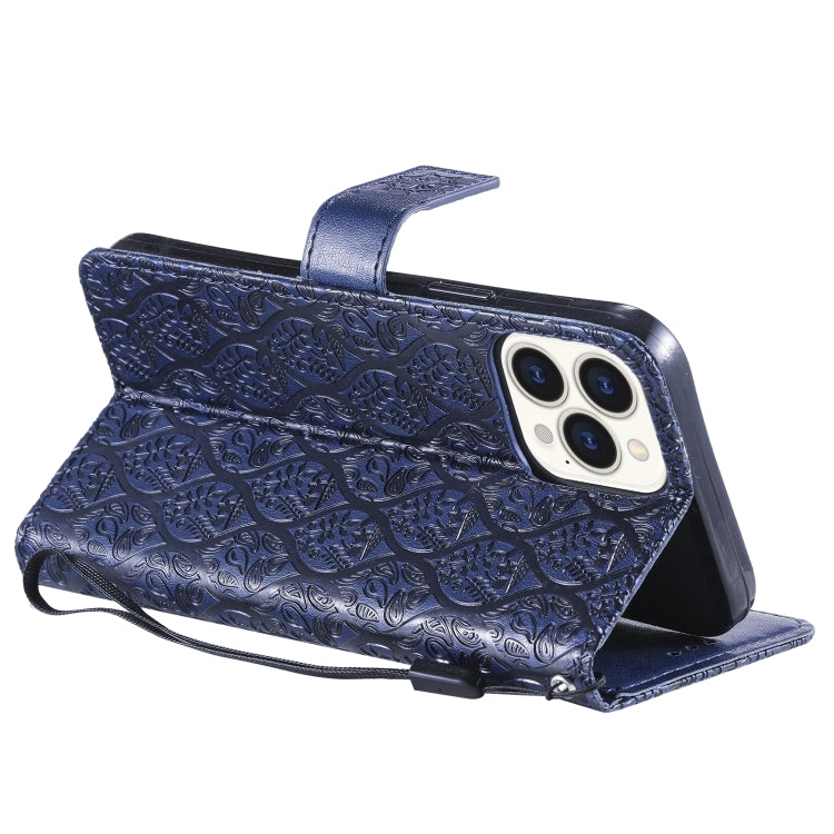 For iPhone 13 Pro Pressed Printing Rattan Flower Pattern Horizontal Flip PU Leather Case with Holder & Card Slots & Wallet & Photo Frame