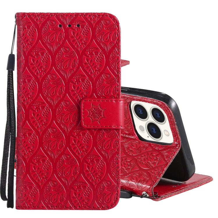 For iPhone 13 Pro Pressed Printing Rattan Flower Pattern Horizontal Flip PU Leather Case with Holder & Card Slots & Wallet & Photo Frame