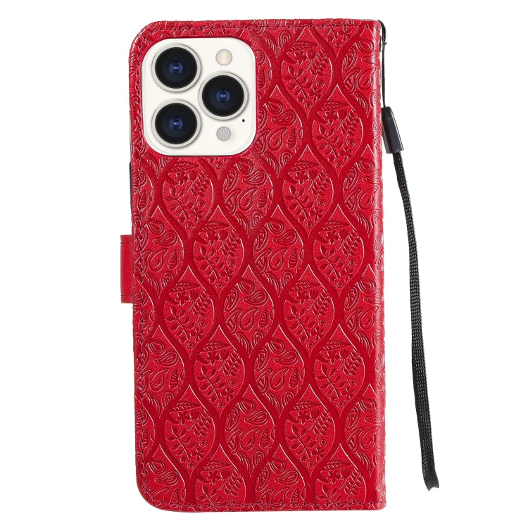 For iPhone 13 Pro Pressed Printing Rattan Flower Pattern Horizontal Flip PU Leather Case with Holder & Card Slots & Wallet & Photo Frame