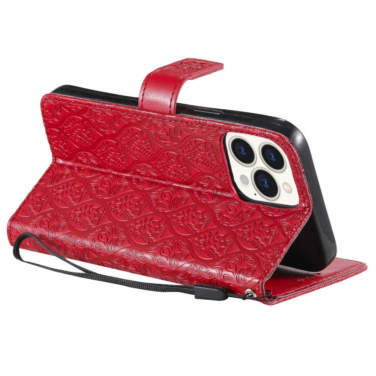 For iPhone 13 Pro Pressed Printing Rattan Flower Pattern Horizontal Flip PU Leather Case with Holder & Card Slots & Wallet & Photo Frame