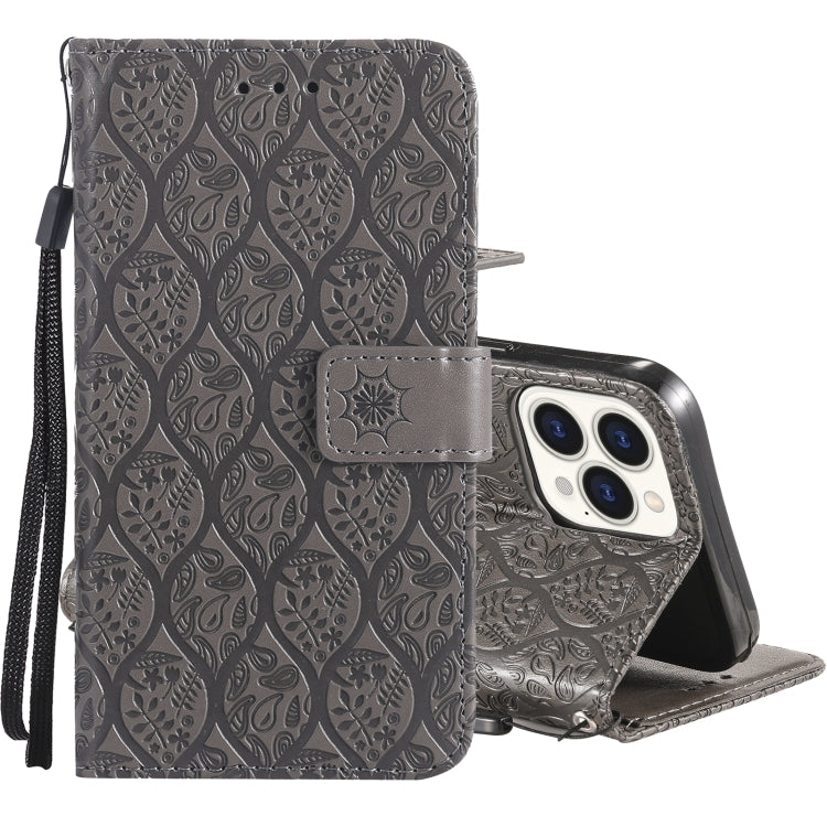For iPhone 13 Pro Pressed Printing Rattan Flower Pattern Horizontal Flip PU Leather Case with Holder & Card Slots & Wallet & Photo Frame