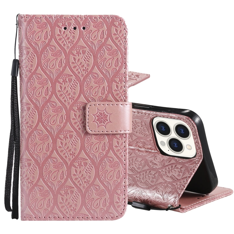 For iPhone 13 Pro Pressed Printing Rattan Flower Pattern Horizontal Flip PU Leather Case with Holder & Card Slots & Wallet & Photo Frame